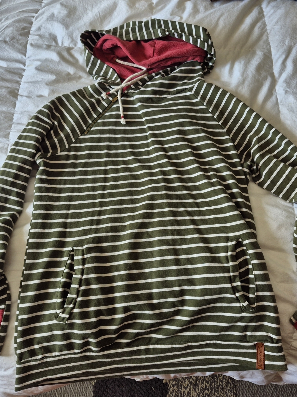 Ampersand Ave Green and White Striped Hoodie with Pink Lined Double Hood